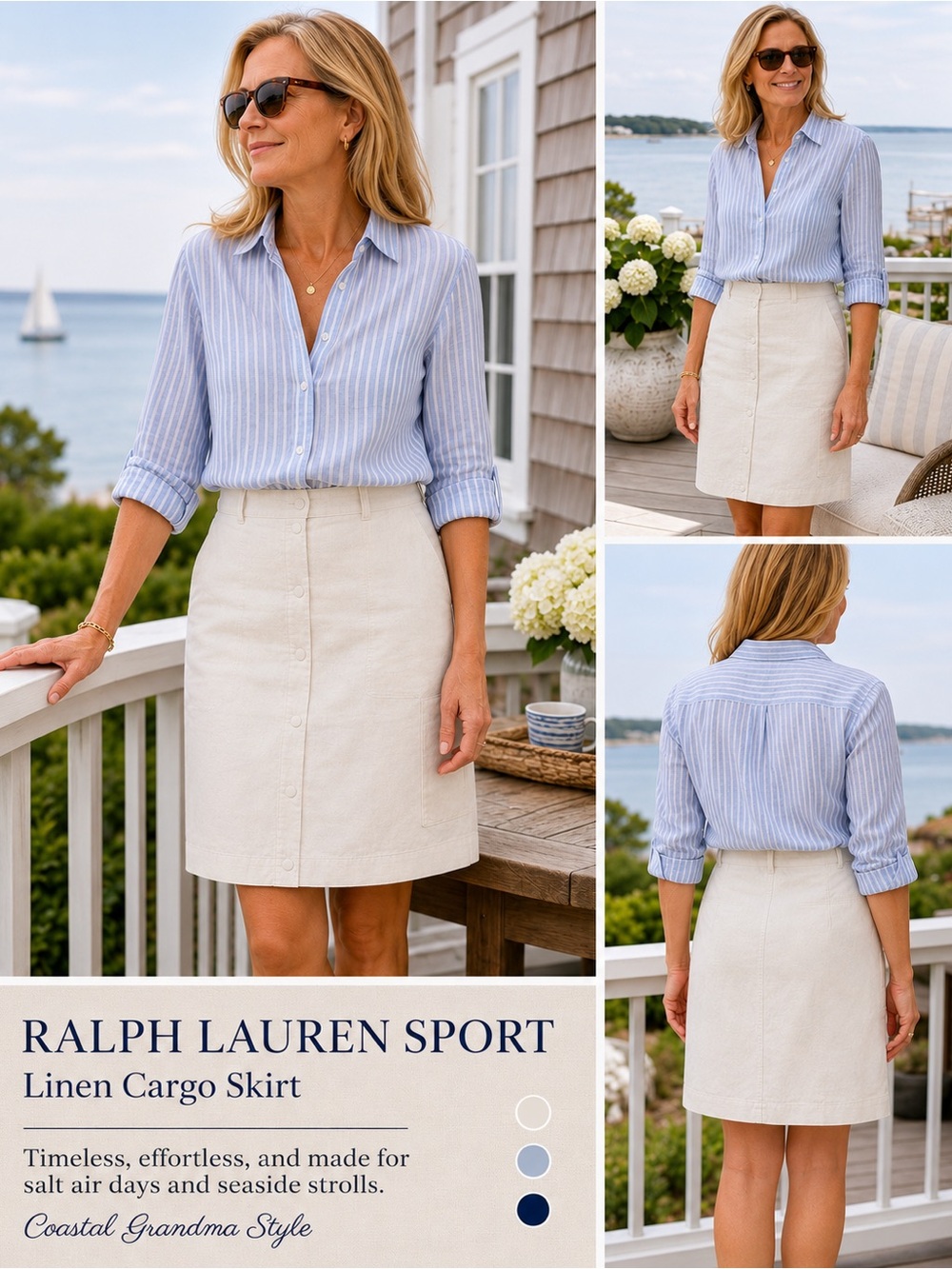 Vintage Ralph Lauren Sport Linen Cargo Snap Front Skirt Cream Size 12